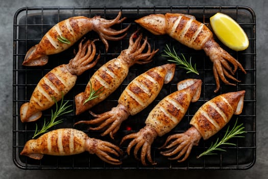 AI generated top view of fresh splendid squid grilled over charcoal, perfectly cooked with tender texture and smoky aroma. Seasoned with salt and black pepper, garnished with rosemary lemon slices.