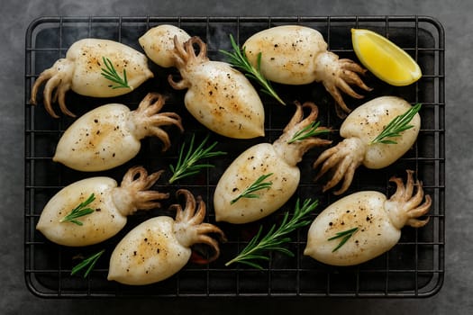 AI generated top view of fresh soft cuttlefish grilled over charcoal, perfectly cooked with tender texture and aromatic smoke. Seasoned with salt and black pepper, garnished with rosemary sprigs.