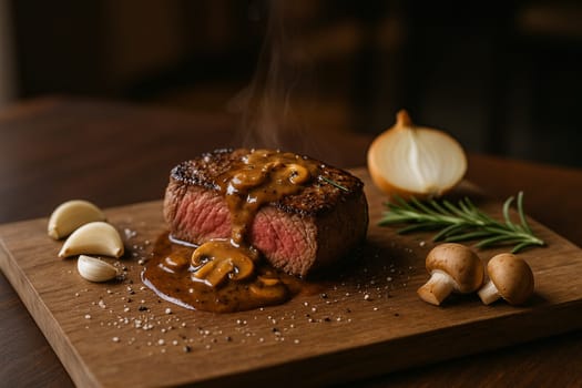 AI generated image of juicy medium rare steak resting on wooden cutting board, served with roasted garlic, onions, rosemary and mushrooms. Drizzled with rich mushroom gravy with salt and black pepper.