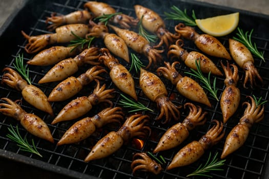 AI generated top view of fresh beka squid grilled over charcoal, perfectly cooked with tender texture and light smoky aroma. Seasoned with salt and black pepper, garnished with rosemary sprigs.