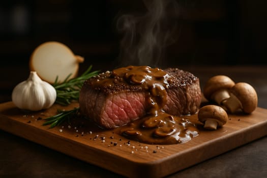 AI generated image of juicy medium rare steak resting on wooden cutting board, served with roasted garlic, onions, rosemary and mushrooms. Drizzled with rich mushroom gravy with salt and black pepper.