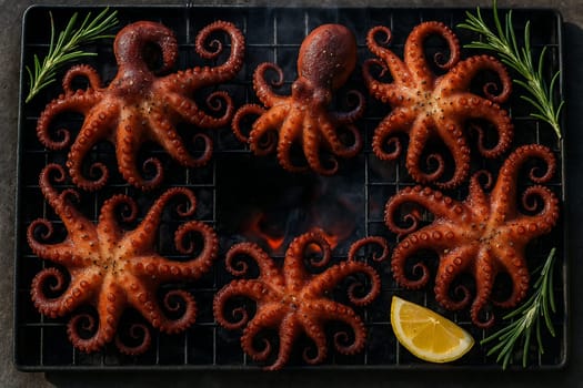 AI generated top view of tender octopus grilled over charcoal, perfectly cooked with smoky aroma and charred edges. Seasoned with salt and black pepper, garnished with fresh rosemary and lemon wedges.