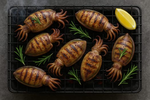 AI generated top view of fresh rainbow cuttlefish grilled over charcoal, perfectly cooked with iridescent skin and tender texture. Seasoned with salt and black pepper, garnished with rosemary.