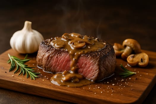 AI generated image of juicy medium rare steak resting on wooden cutting board, served with roasted garlic, onions, rosemary and mushrooms. Drizzled with rich mushroom gravy with salt and black pepper.