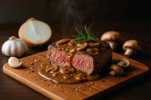 AI generated image of juicy medium rare steak resting on wooden cutting board, served with roasted garlic, onions, rosemary and mushrooms. Drizzled with rich mushroom gravy with salt and black pepper.