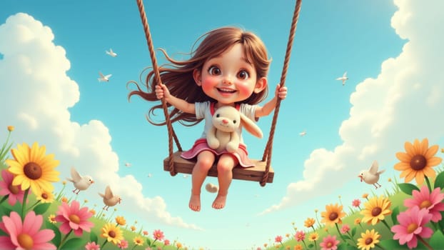 A cheerful girl swings joyfully, holding a soft lamb close, with colorful flowers swaying around her. The bright sky and playful birds enhance the delightful atmosphere of springtime fun.