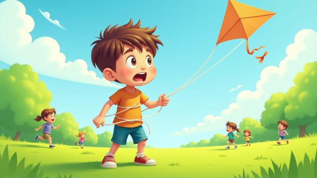 A group of children playfully run around flying colorful kites in a lush green park. Laughter fills the air under a bright blue sky, highlighting a perfect day of fun and friendship.