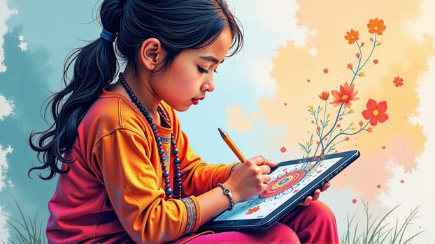 A talented child focuses intently on her digital artwork, skillfully illustrating intricate designs on a tablet while colorful flowers bloom in the background, symbolizing creativity and imagination.