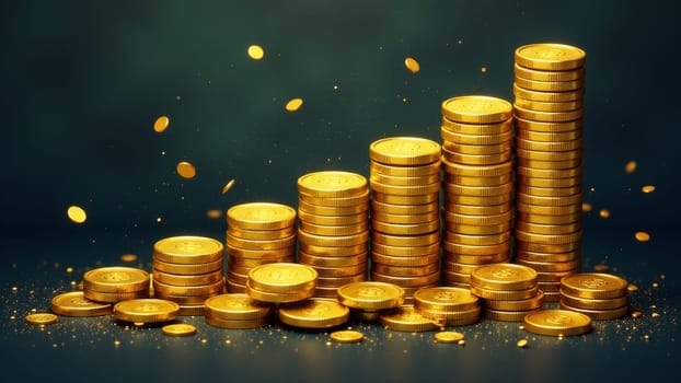 Towering stacks of shiny gold coins create a stunning visual, with coins cascading down like rain. The rich, golden hue contrasts beautifully with the deep shadows, signifying abundance.