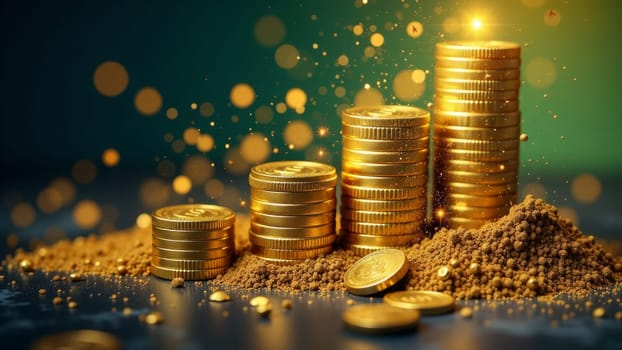 Towering stacks of shiny gold coins create a stunning visual, with coins cascading down like rain. The rich, golden hue contrasts beautifully with the deep shadows, signifying abundance.