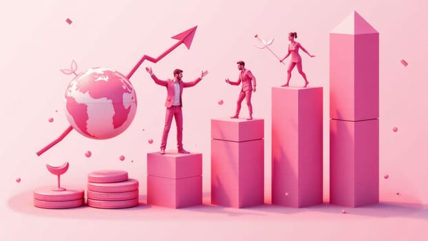 Colorful pink coins stack high, depicting financial growth, while a vibrant upward arrow illustrates progress. Soft clouds and playful shapes enhance the whimsical atmosphere of prosperity.