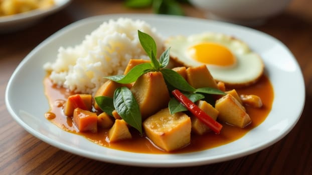 Bright yellow curry is served in a bowl, filled with chunks of mango, carrots, and fresh basil. Sunlight illuminates the colorful dish, evoking warmth and comfort.