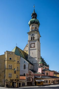 Historic church in the old town of Hall in Tirol (Austria)
