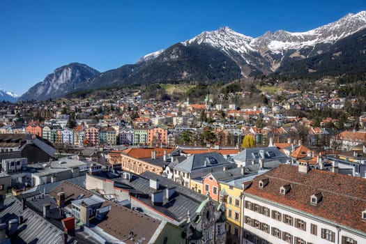 Aerial view of the city Innsbruck and the alps