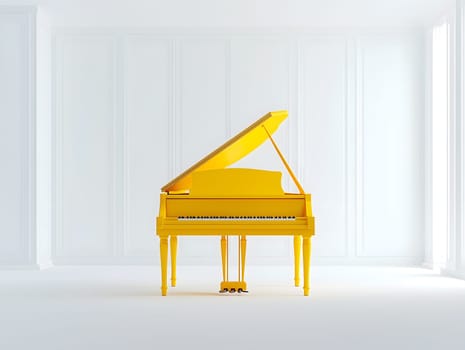 Bright yellow grand piano stands in a white minimalist interior with soft natural lighting, creating a striking modern surreal contrast, generated by artificial intelligence for visual impact