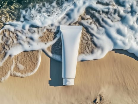 Minimal white cosmetic tube on sandy beach with sea foam, representing summer skincare, sun protection, or beauty treatment themes, created by artificial intelligence for wellness concepts.with copy
