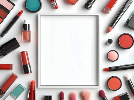 Top view of assorted makeup products forming a frame around a blank white center, ideal for banners, promotions, or beauty brand ads, created by artificial intelligence for cosmetic visuals,banner with copy