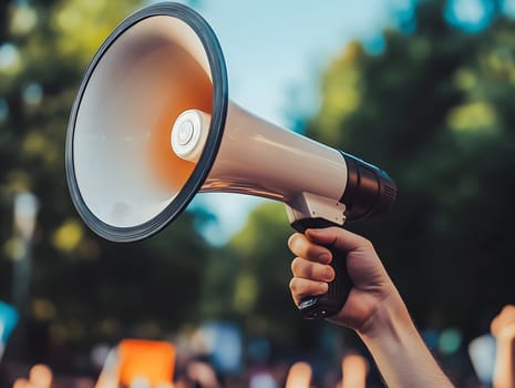 Raised hand holding a megaphone at an outdoor rally or protest with a defocused crowd, symbolizing activism, speech, or social movement, generated by artificial intelligence for communication themes