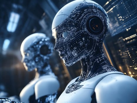 Close-up of advanced humanoid AI robots with exposed cybernetic components and intelligent design in a futuristic, high-tech environment representing artificial intelligence and robotics evolution.