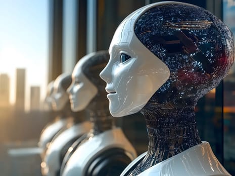 Line of futuristic AI female humanoid robots with smooth faces and transparent cybernetic designs standing by glass windows in a high-tech city setting during daylight, symbolizing advanced robotics.