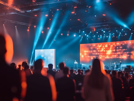People attending a vibrant live stage event with colorful lighting effects, LED screens, and a band performing, set in a modern concert or conference hall filled with atmosphere and energy.