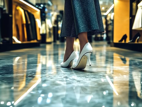Fashionable woman in white high heels walking through a high-end clothing boutique with glossy marble floors and golden lighting, showcasing elegance, luxury retail, and modern style.