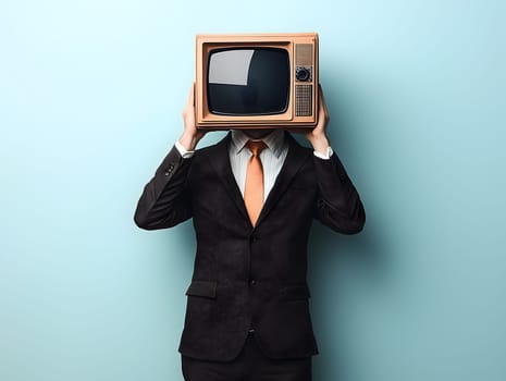 Surreal image of a man in a formal black suit with an old television on his head, standing against a light blue wall, symbolizing media influence, retro technology, and abstract identity themes.