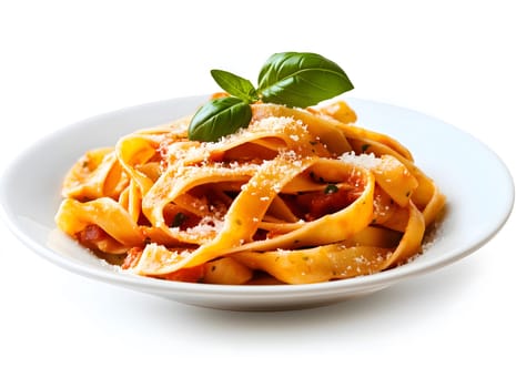 AI generated image of tagliatelle pasta with tomato sauce, grated cheese, and fresh basil served on a white plate, isolated on white background, representing Italian cuisine and delicious comfort food.