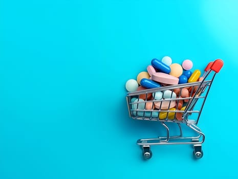 Conceptual image of a miniature shopping cart loaded with colorful capsules and pills placed on a bright blue background with copy space, symbolizing pharmaceutical shopping, health, and medication choices.