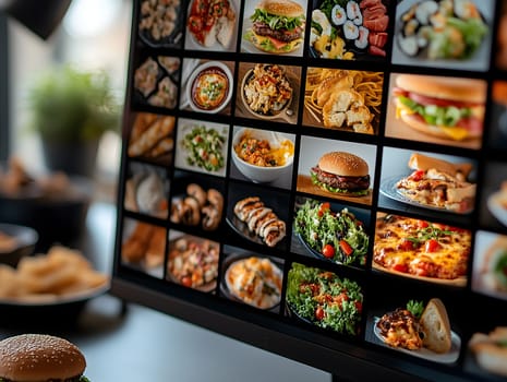 AI generated image of a digital restaurant screen showing a wide variety of colorful fast food dishes like burgers, sushi, salads, and pasta, representing modern food ordering technology and variety.