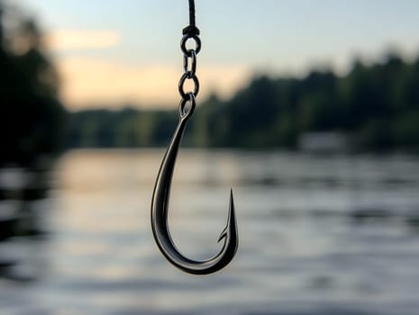 Close-up of a fishing hook suspended over a tranquil lake or river with blurred water and forest background during sunset, symbolizing fishing, patience, nature, and outdoor leisure activity.