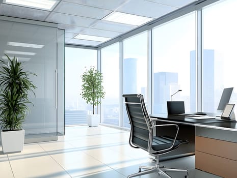 AI generated image of a bright modern office with large glass windows, a sleek desk, office chair, potted plants, and a view of city buildings, representing business, design, and professional space.