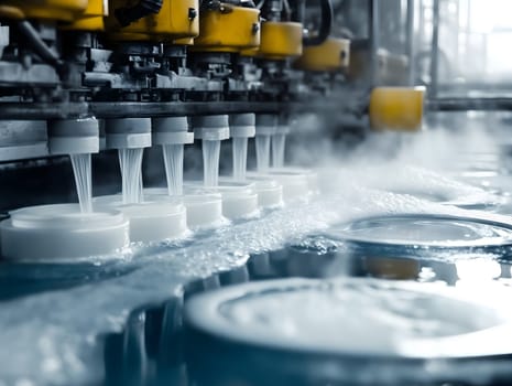 Close-up of a modern automated industrial cleaning process where strong water jets wash circular components on a production line, highlighting precision, machinery, and factory manufacturing technology.