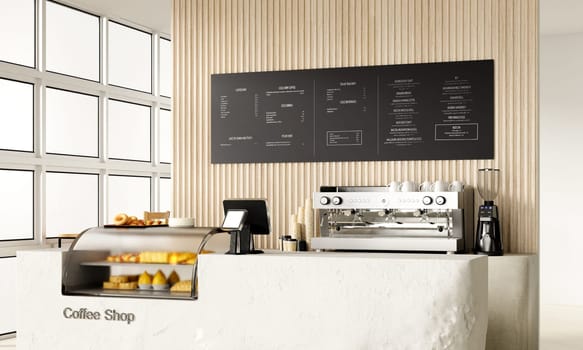 A stylish coffee shop counter featuring a modern layout with a menu display, espresso machine, and an inviting atmosphere.