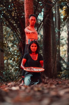 an Asian woman and man were standing in front of a tree while hunting an animal in the middle of the forest until they were covered in blood in the afternoon