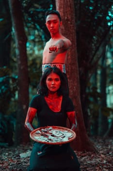 a couple of serial killers have bodies covered in blood and are performing a satanic ritual in the middle of a forest before sunset