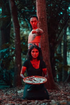 a couple of serial killers have bodies covered in blood and are performing a satanic ritual in the middle of a forest before sunset