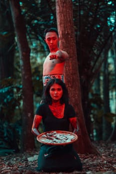 a couple of serial killers have bodies covered in blood and are performing a satanic ritual in the middle of a forest before sunset