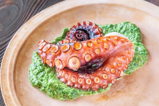 Tender roasted octopus paired with warm creamy spinach, elegantly plated in rustic style