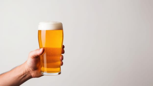 A hand elegantly grips a pilsner glass filled with golden beer, topped with a thick, foamy white head. The glass is set against a clean white background, emphasizing the beers clarity and color.