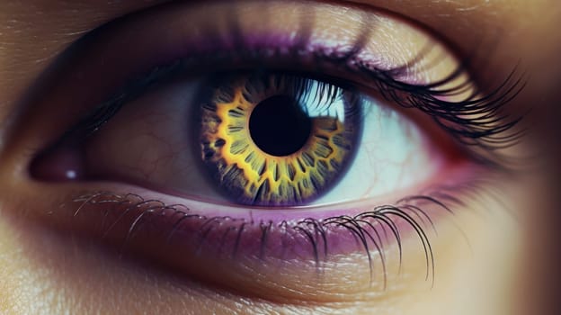 A stunning macro shot of a womans eye featuring a unique sunflower pattern in the iris. The eye is gazing to the side, adorned with long false eyelashes and vibrant purple eyeshadow.