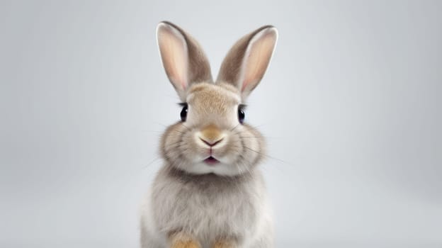 Curious Funny Cute Bunny with Big Eyes on Light Background, Cute Animal Portrait.