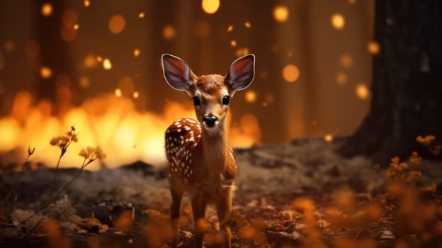 A small deer stands alone in a forest with a fire in the background. The fawn is looking at the camera with a curious expression. The fire is burning in the distance and looks like it is spreading.