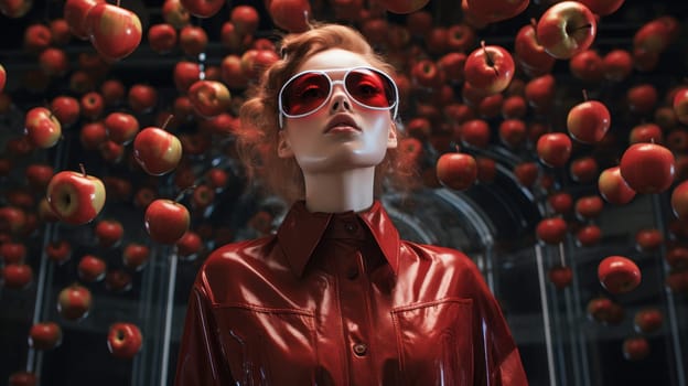 A young female model with long red hair and red sunglasses is wearing a red leather jacket. Red apples are falling around her. The background is dark with a geometric pattern.