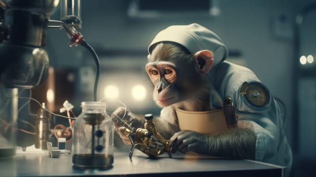 A curious monkey scientist wearing a lab coat and goggles is working in a laboratory. He is conducting an experiment and is looking at a beaker with a glowing liquid.