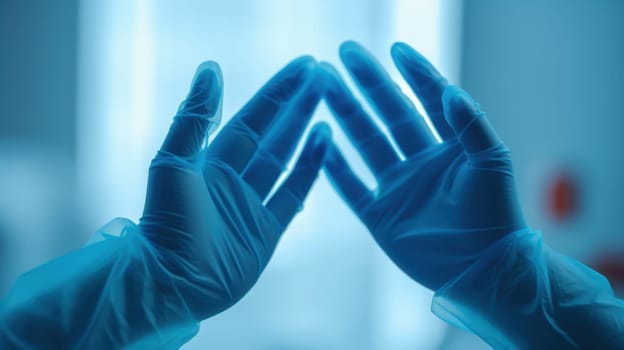 A pair of blue latex gloves isolated on a white background. The gloves are slightly wrinkled and have a smooth, matte finish. They are form-fitting and have a textured grip on the palms and fingers.