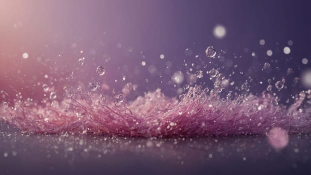 This image shows water droplets suspended in mid-air, illuminated by a soft light, with a purple background. The droplets are arranged in a delicate pattern that resembles a fountain.
