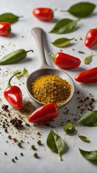 An array of vibrant red chili peppers and assorted spices like turmeric, cumin, and black peppercorns displayed on a bright white background, creating an appealing and colorful culinary presentation.
