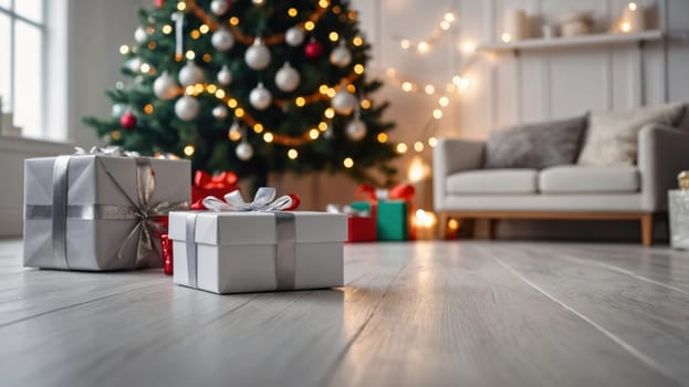 A stunning Christmas tree in a cozy living room features wrapped presents underneath. The tree is adorned with twinkling lights, beads, and ribbons, creating a festive atmosphere.