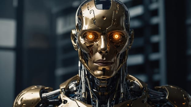 The robot features a striking metallic gold body, with its eyes glowing a vibrant orange. It displays a serious expression, showcasing its advanced design and technological sophistication.